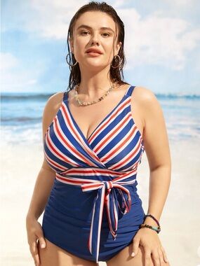 BNWT BloomChic Retro Inspired Red, White Blue Faux Wrap One Piece Bathing Suit